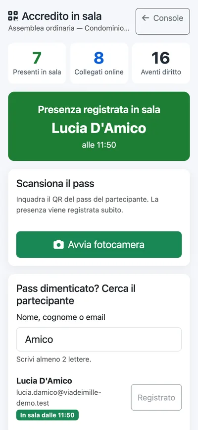 Schermata di accredito in sala con presenti in sala e online