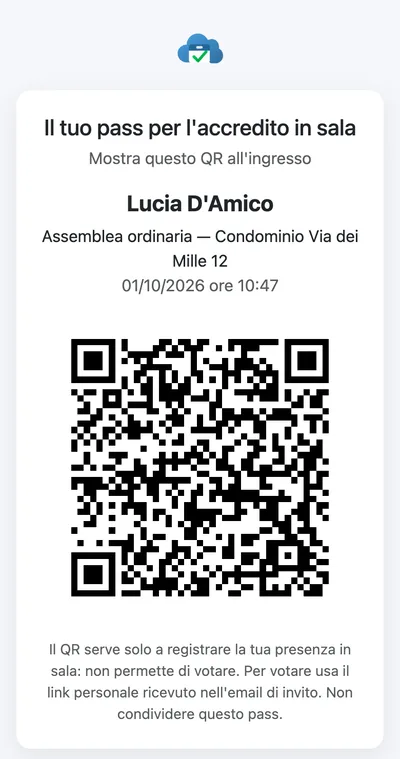 Pass personale con QR per l’accredito in sala