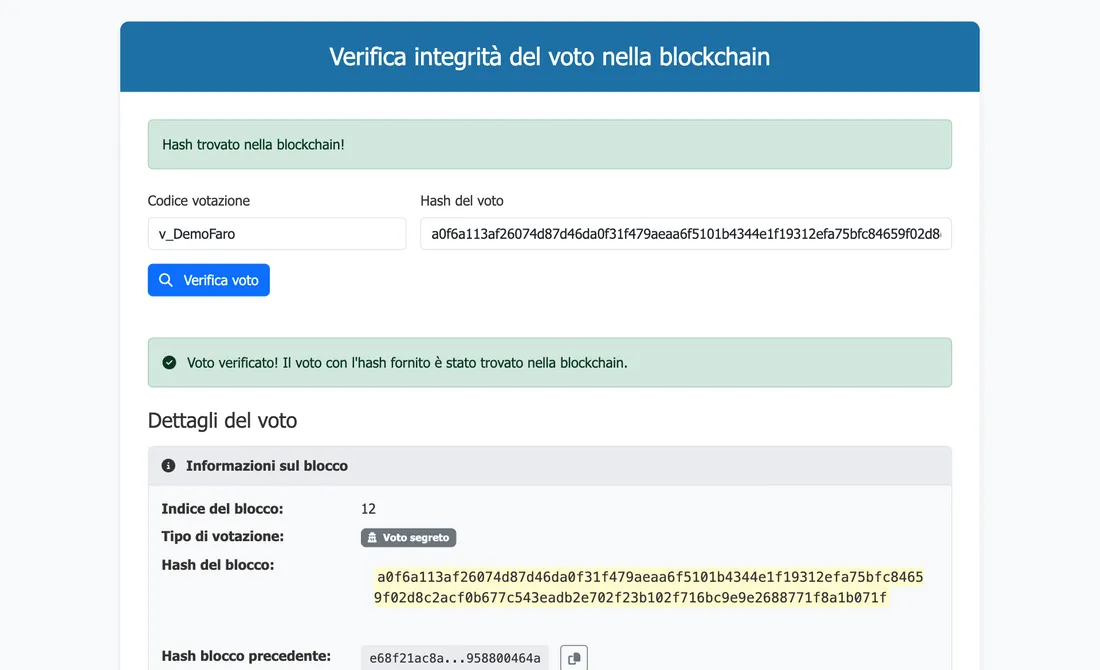 Verifica pubblica di un voto con impronta trovata nel registro